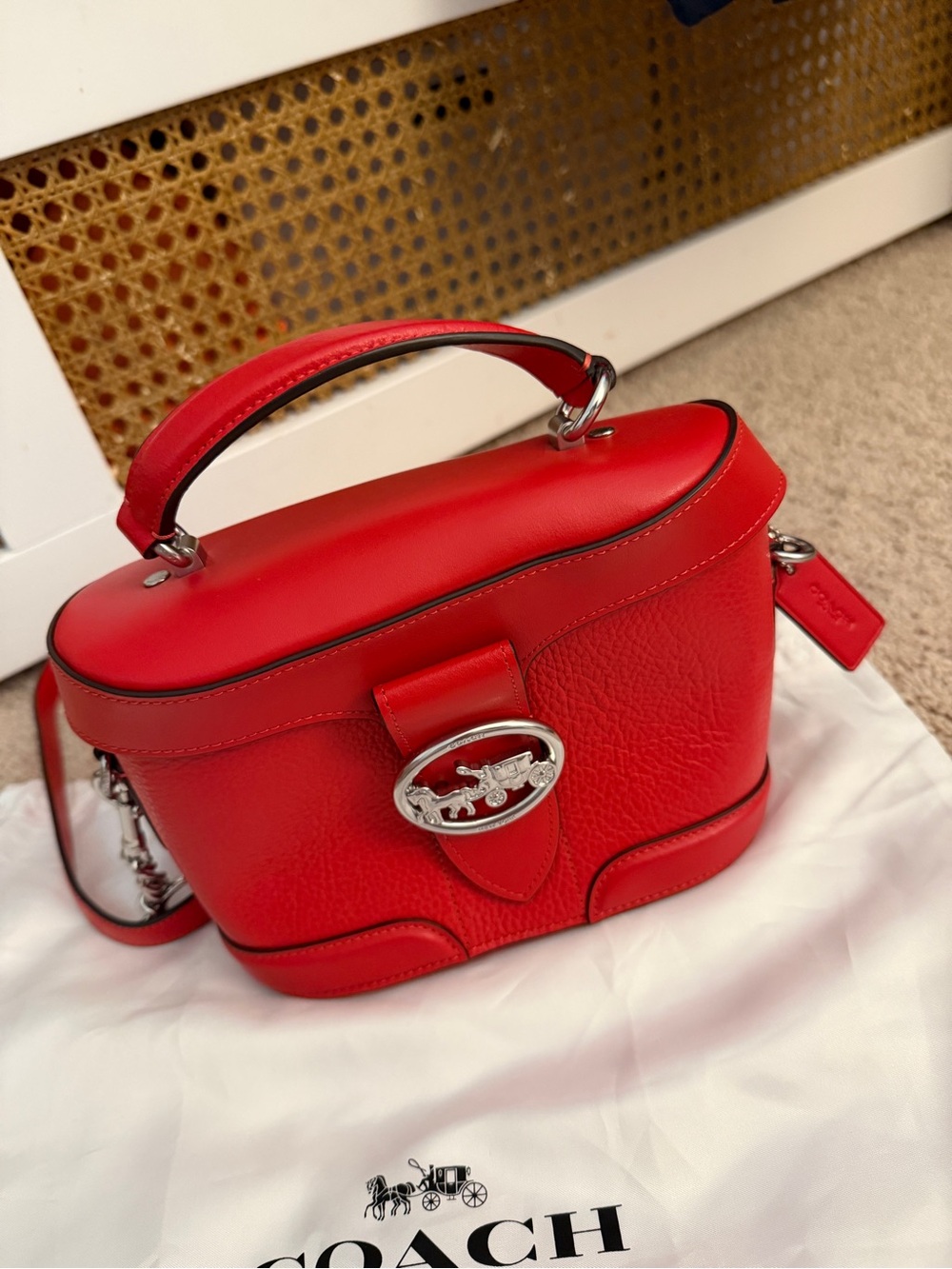 Coach Red Leather Top-Handle Satchel with Silver Hardware